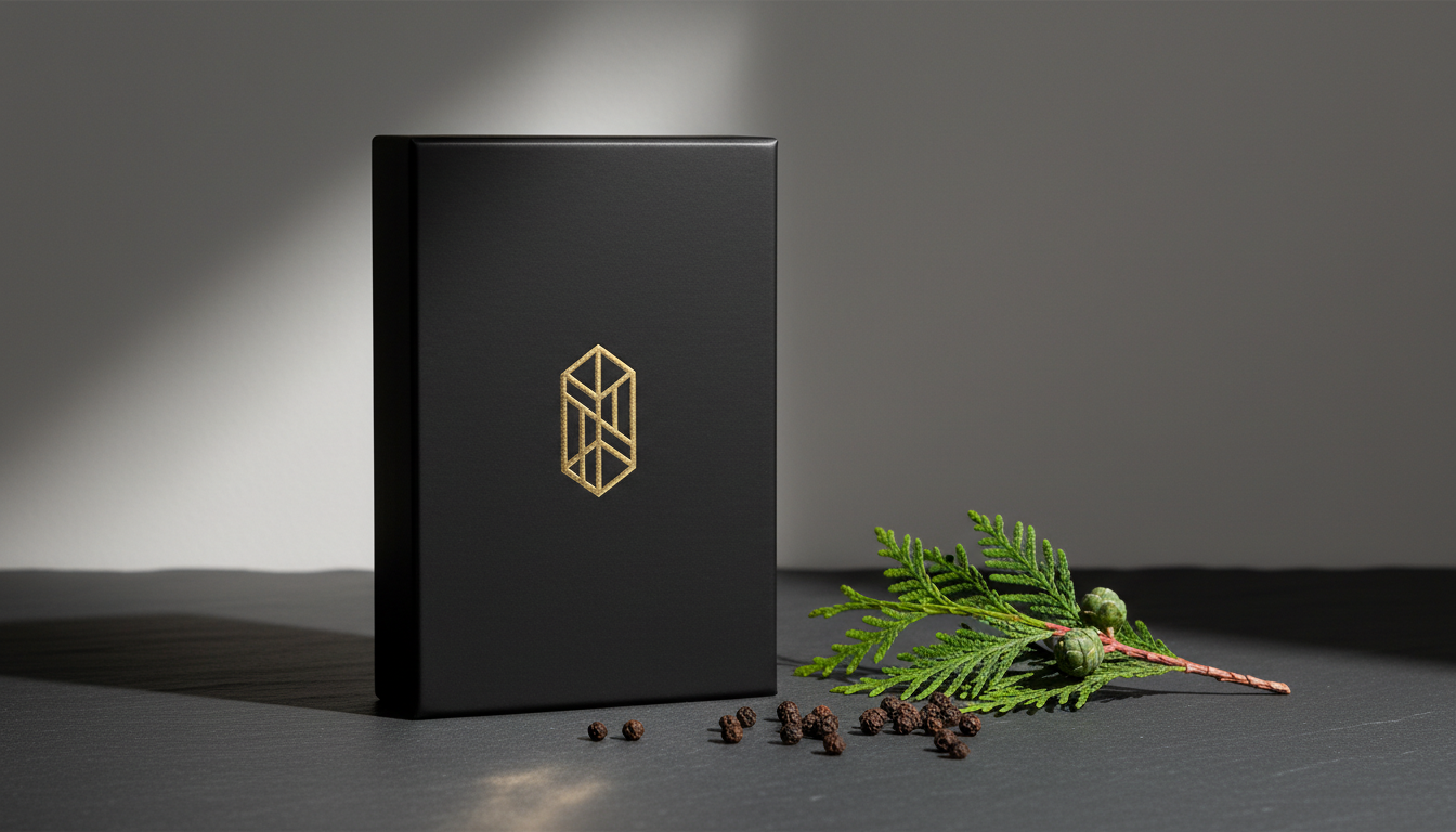 A minimalist, matte-black perfume box with a sleek, gold-embossed logo rests on a smooth slate surface, accompanied by a sprig of fresh cedarwood and a scattering of black peppercorns. The scene is lit by crisp, directional studio lighting from the side, casting dramatic shadows and highlighting the subtle textures of the box. The composition employs the rule of thirds for a sophisticated sense of space, with a clean, uncluttered background that emphasizes modern elegance. The overall mood is bold and contemporary, echoing the distinctive character of upscale men’s fragrances.